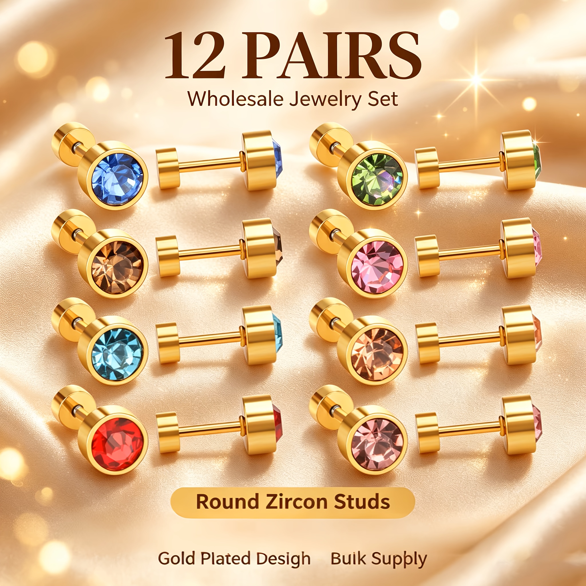 12 Pairs Multicolor Zircon 18K Gold Plated Stud Earrings Set